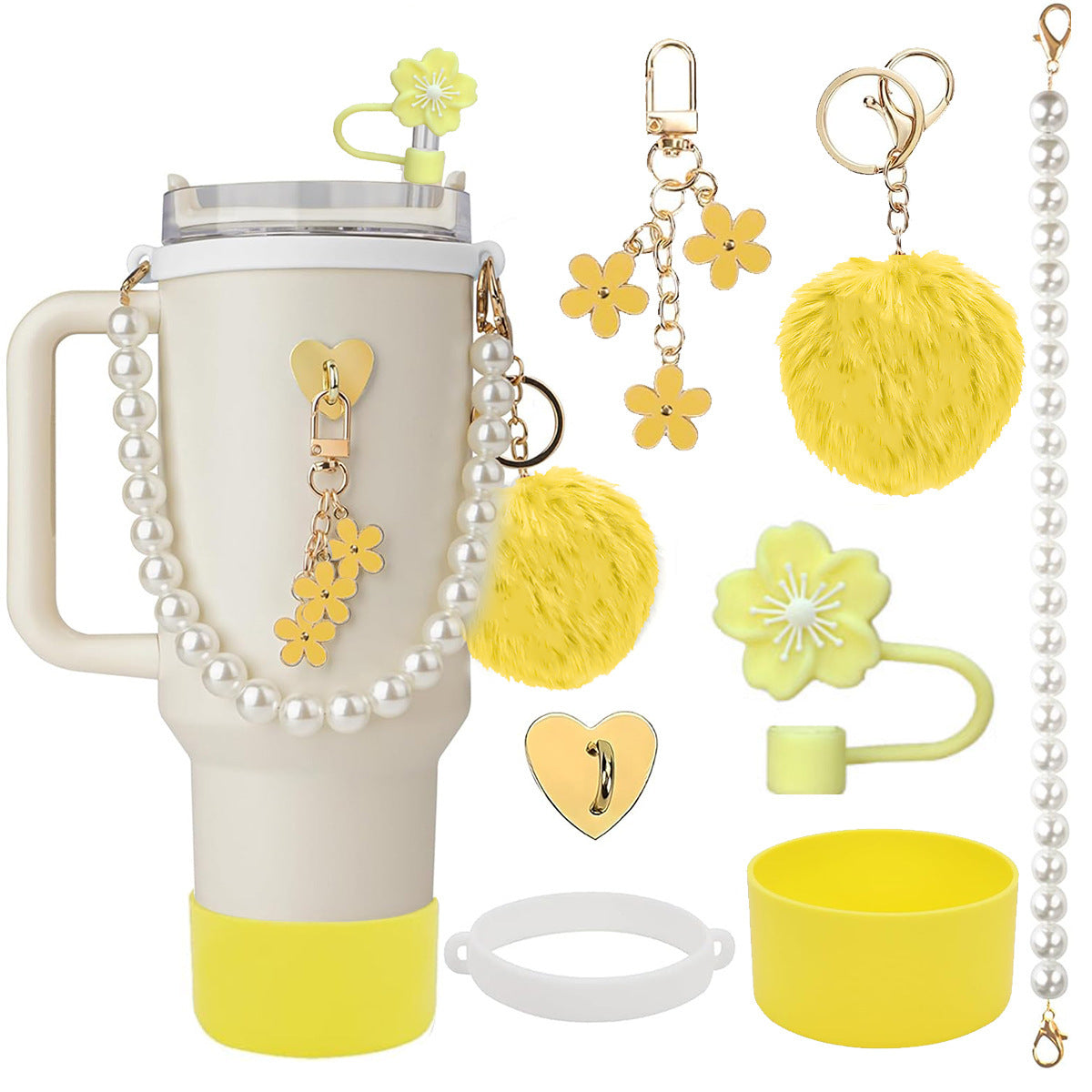 Wholesale Flower straw cap silicone insulated water cup holder pearl hand rope wool ball pendant set